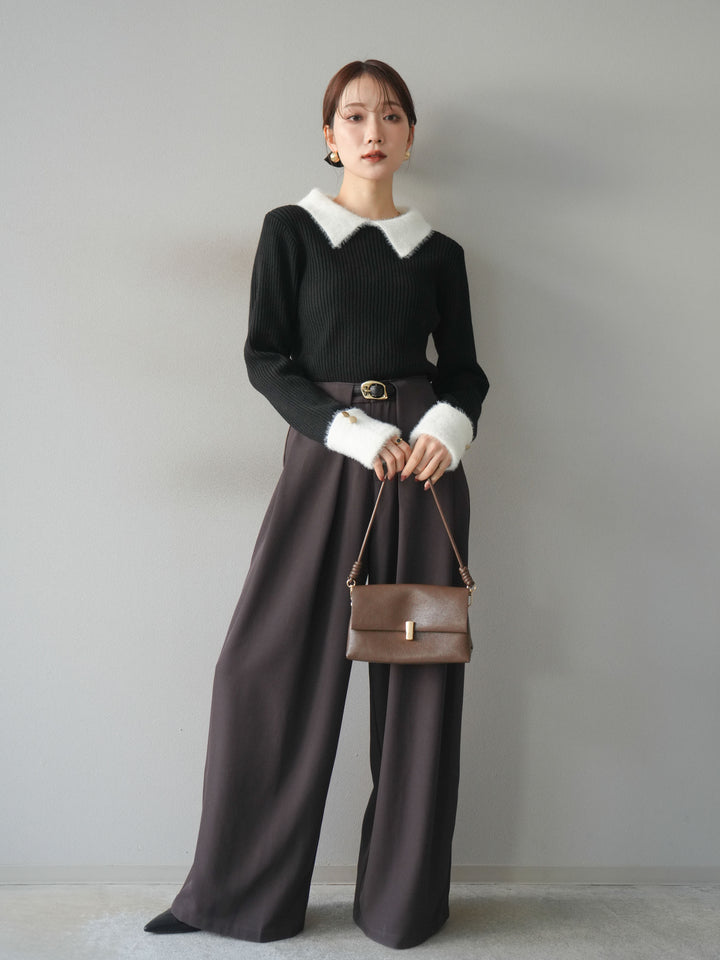 [SET]シャギー襟リブニットトップス+ベルトループデザインワイドパンツ(2set)