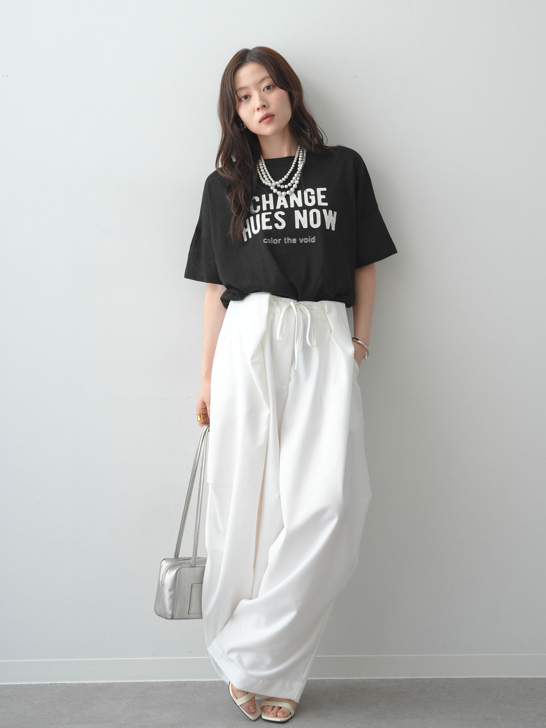 [SET]シアースラブロゴワイドTEE+ベルトループカーブタックワイドパンツ(2set)
