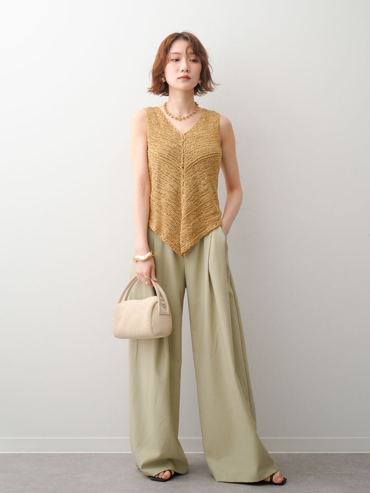 [SET]テープヤーンVネックニットトップス+アシンメトリーベルトタックワイドパンツ(2set)