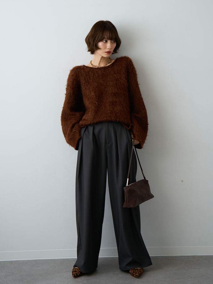 [予約]ボートネックシャギーオーバーニットトップス/brown