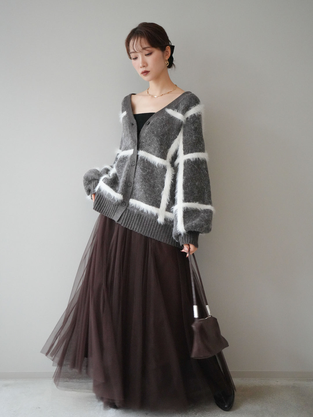[予約]ミックスシャギーチェックカーディガン/brown