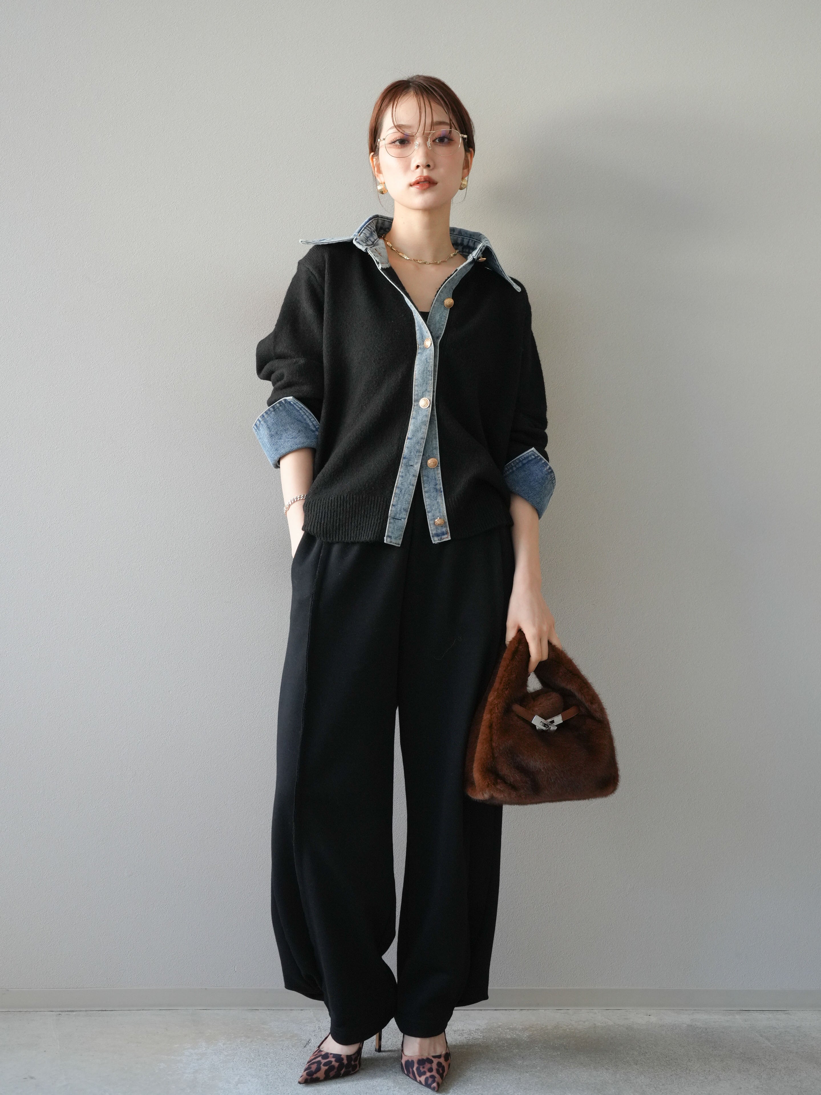 予約]デニム襟ボタンニットカーディガン/black – Lumier