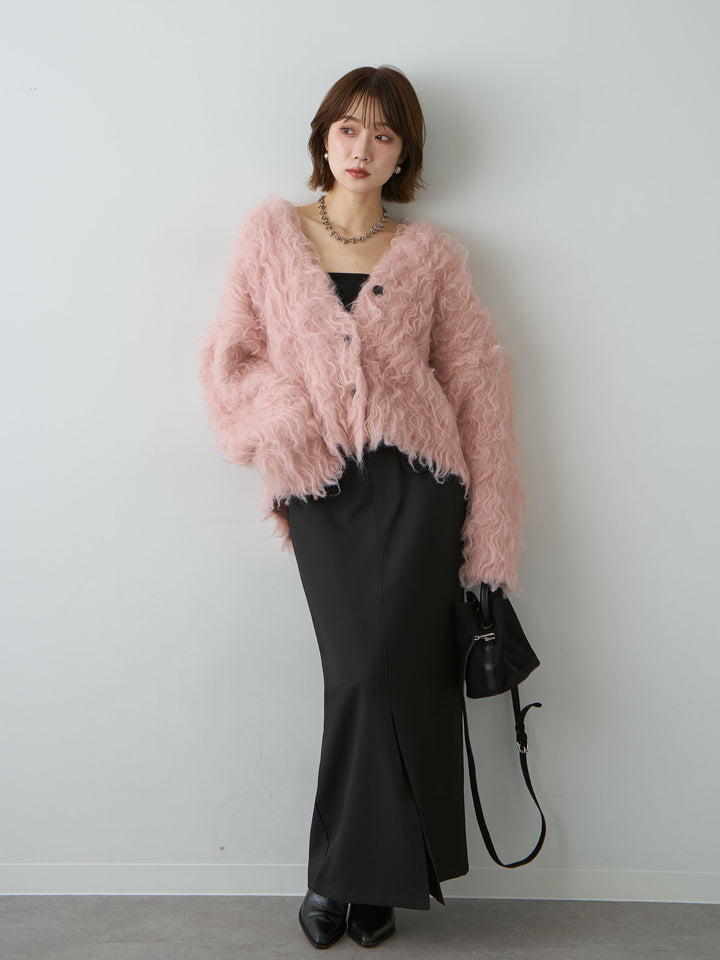 [SET]カーリーフェザーニットカーディガン+クレープデシンフラップ付きストレートスカート(2set)