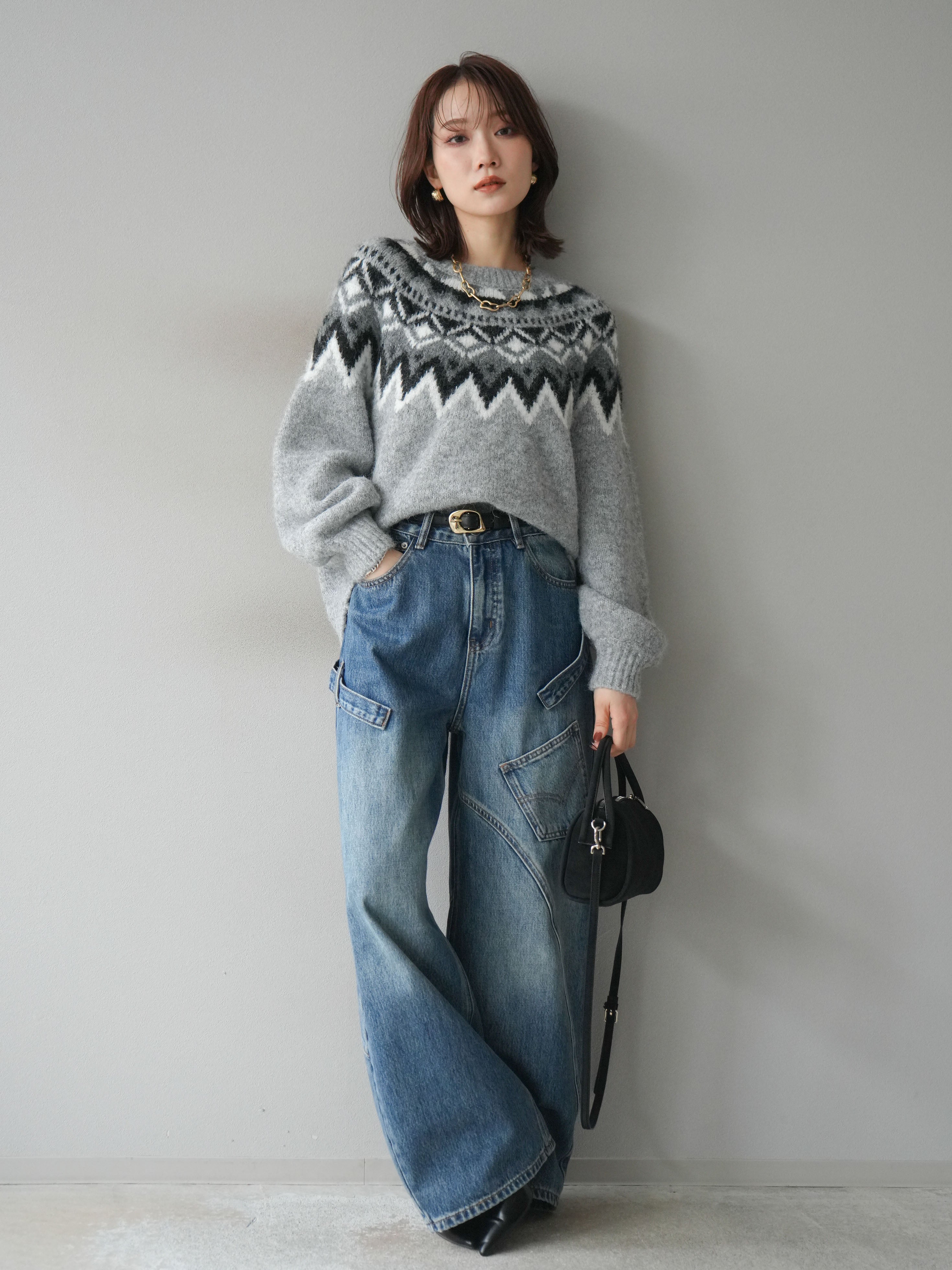 SET]求心柄オーバーニットプルオーバー+ペインターカーブデニムパンツ