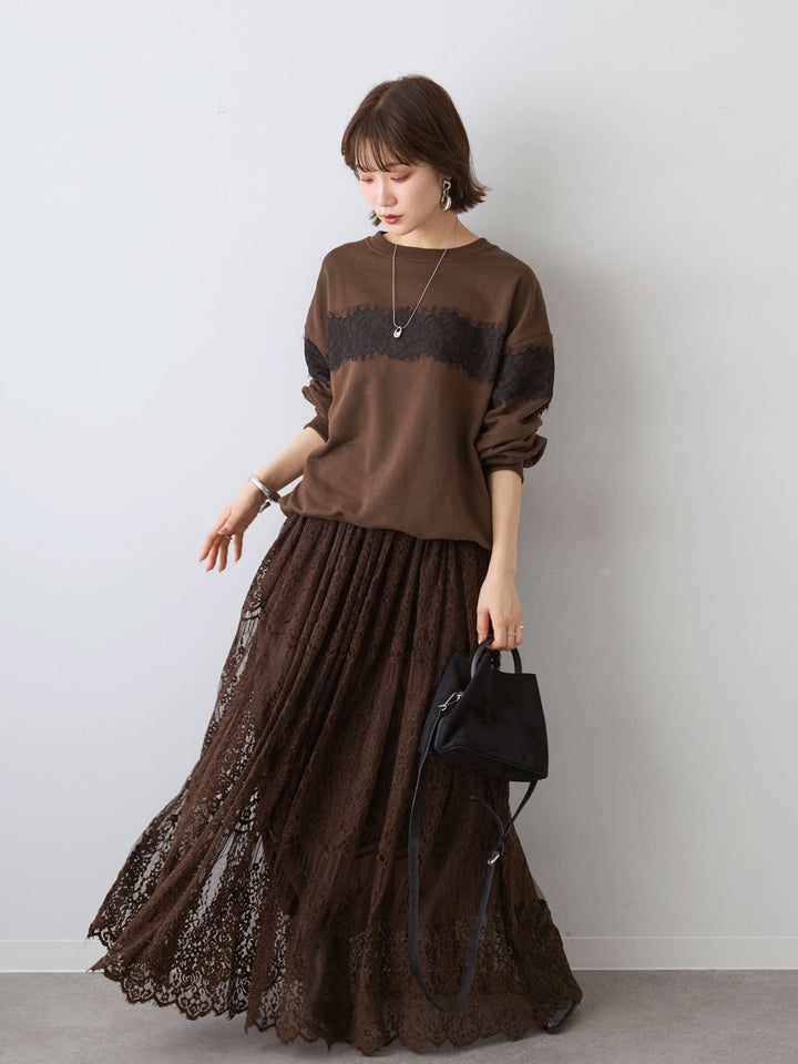 [予約]裏毛レースドッキングプルオーバー/brown