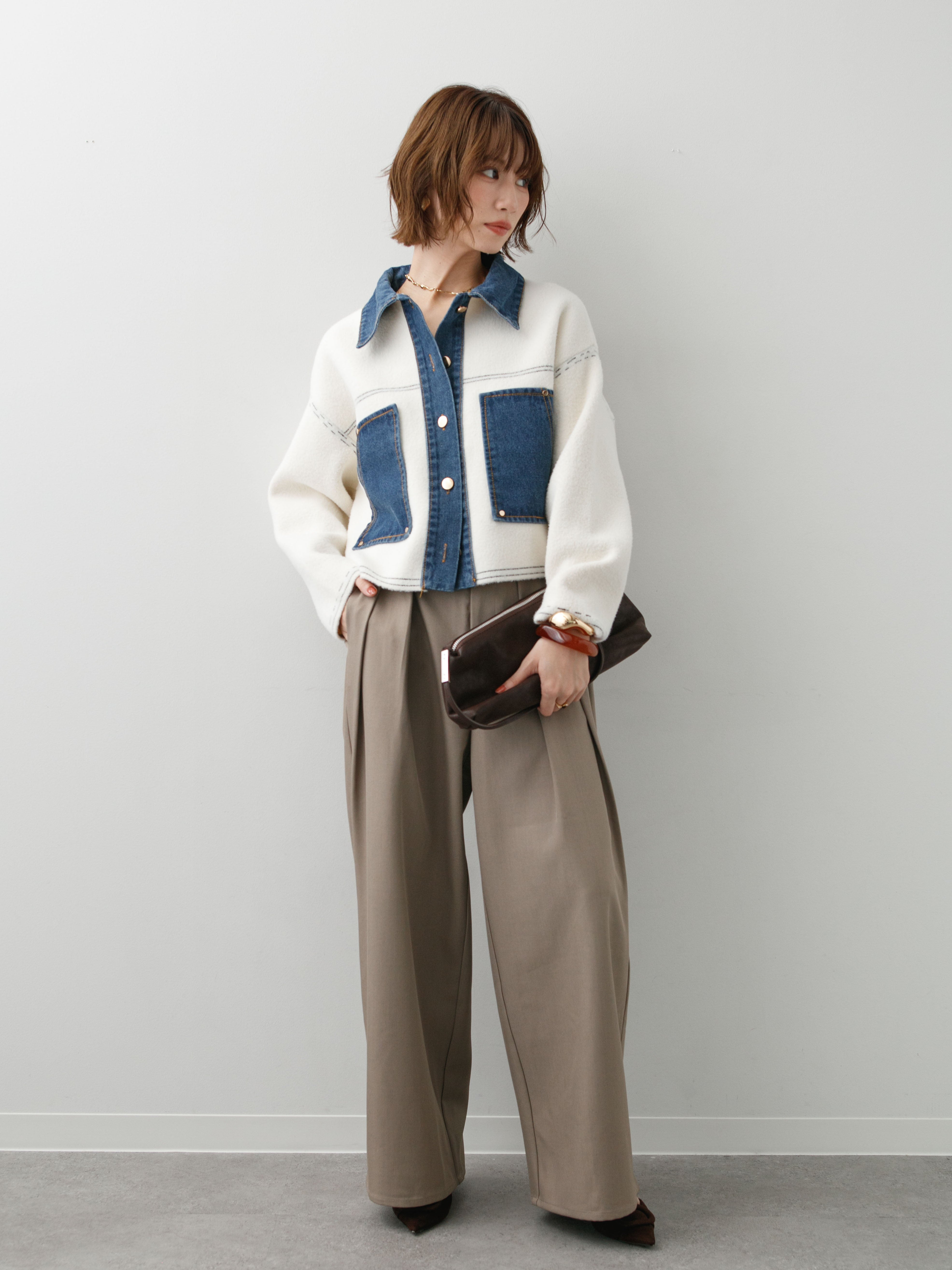 SET]デニムコンビスムースニットジャケット+ツイルタックワイドパンツ