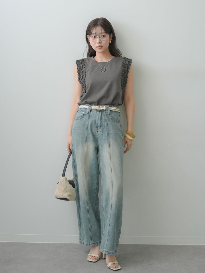 [SET]ホイップフリルフレンチTEE+センターラインワイドストレートデニム(2set)