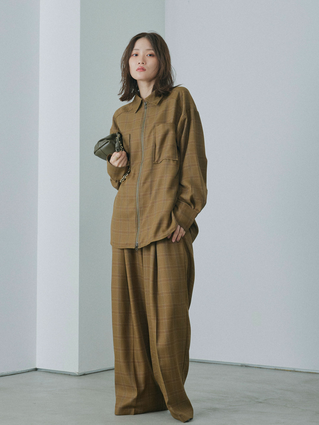 [予約]杢チェックタックパンツ/brown