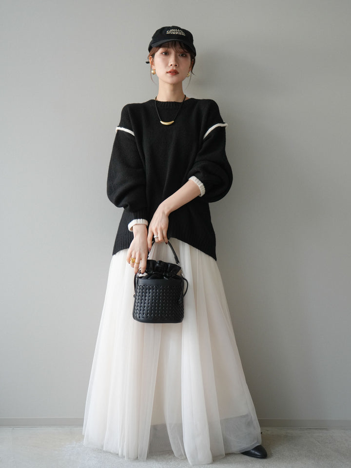 [予約]バイカラーパイピングニットプルオーバー/black