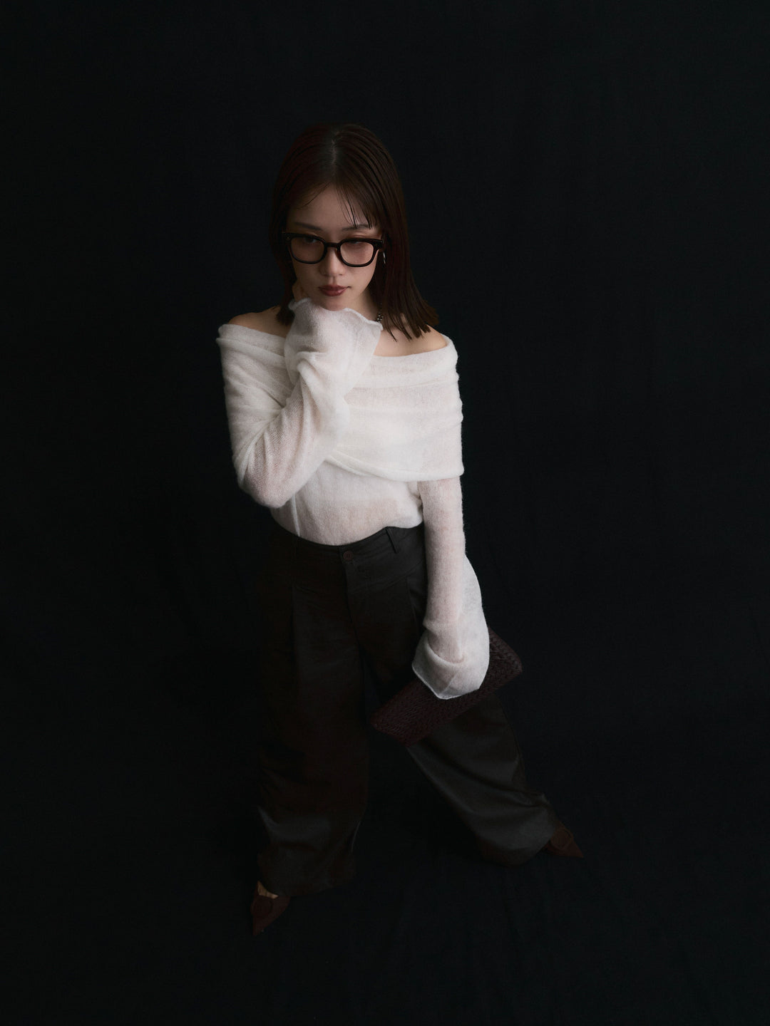 【Allure】[SET]オフショルシアーニットプルオーバー+レザータックセミワイドパンツ(2set)