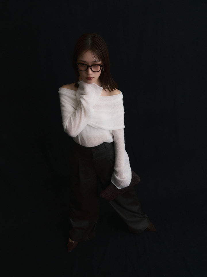 【Allure】[SET]オフショルシアーニットプルオーバー+レザータックセミワイドパンツ(2set)