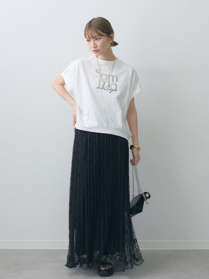 [SET]立体ロゴエンボスTEE +フローラルレースプリーツスカート(2set)