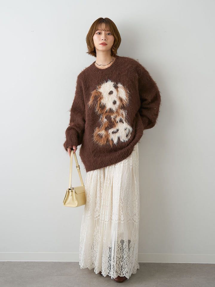 [予約]シャギードッグモチーフニットトップス/brown