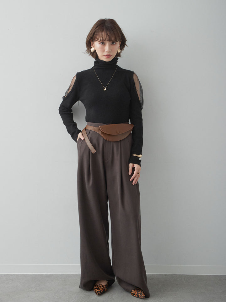 [予約]ショルダーチュールハイネックニットトップス/black