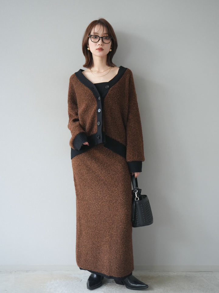 [SET]ブークレバイカラーニットカーディガン+ブークレバイカラータイトニットスカート(2set)