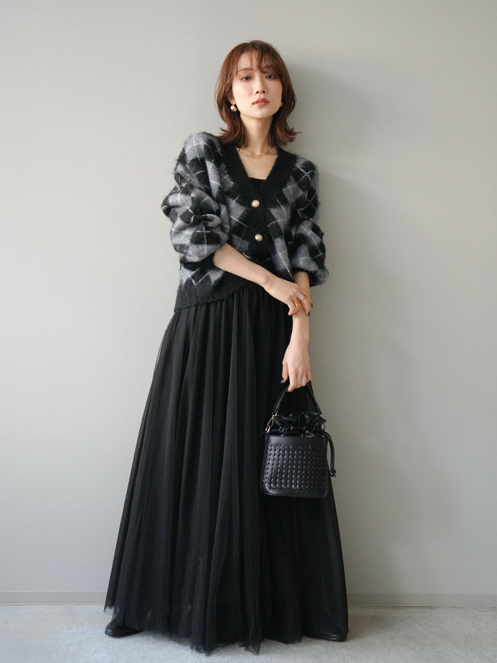 [予約]アーガイルシャギーニットカーディガン/gray