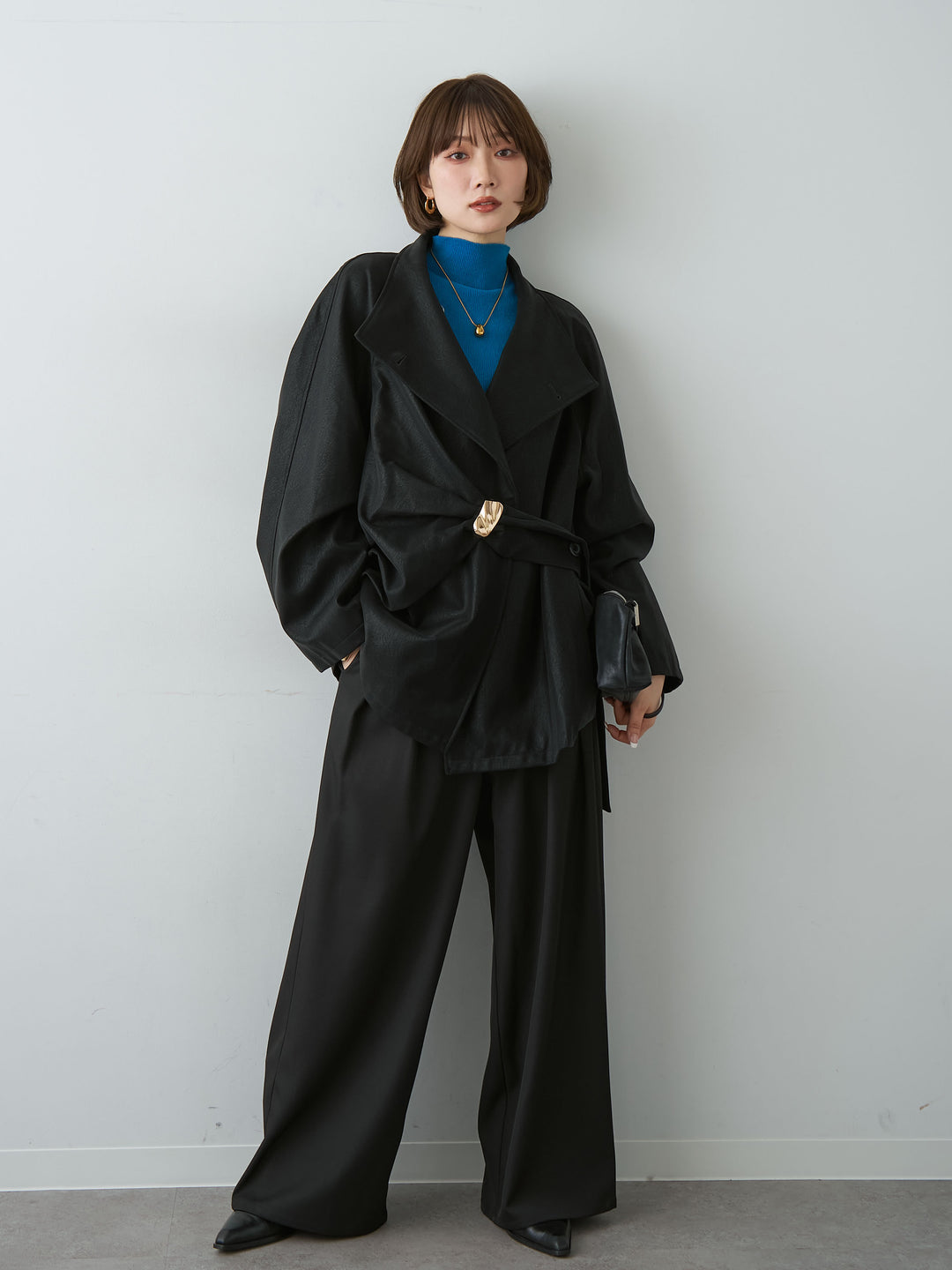 [SET]メタルモチーフレザータッチアシメジャケット+ツイルタックワイドパンツ(2set)