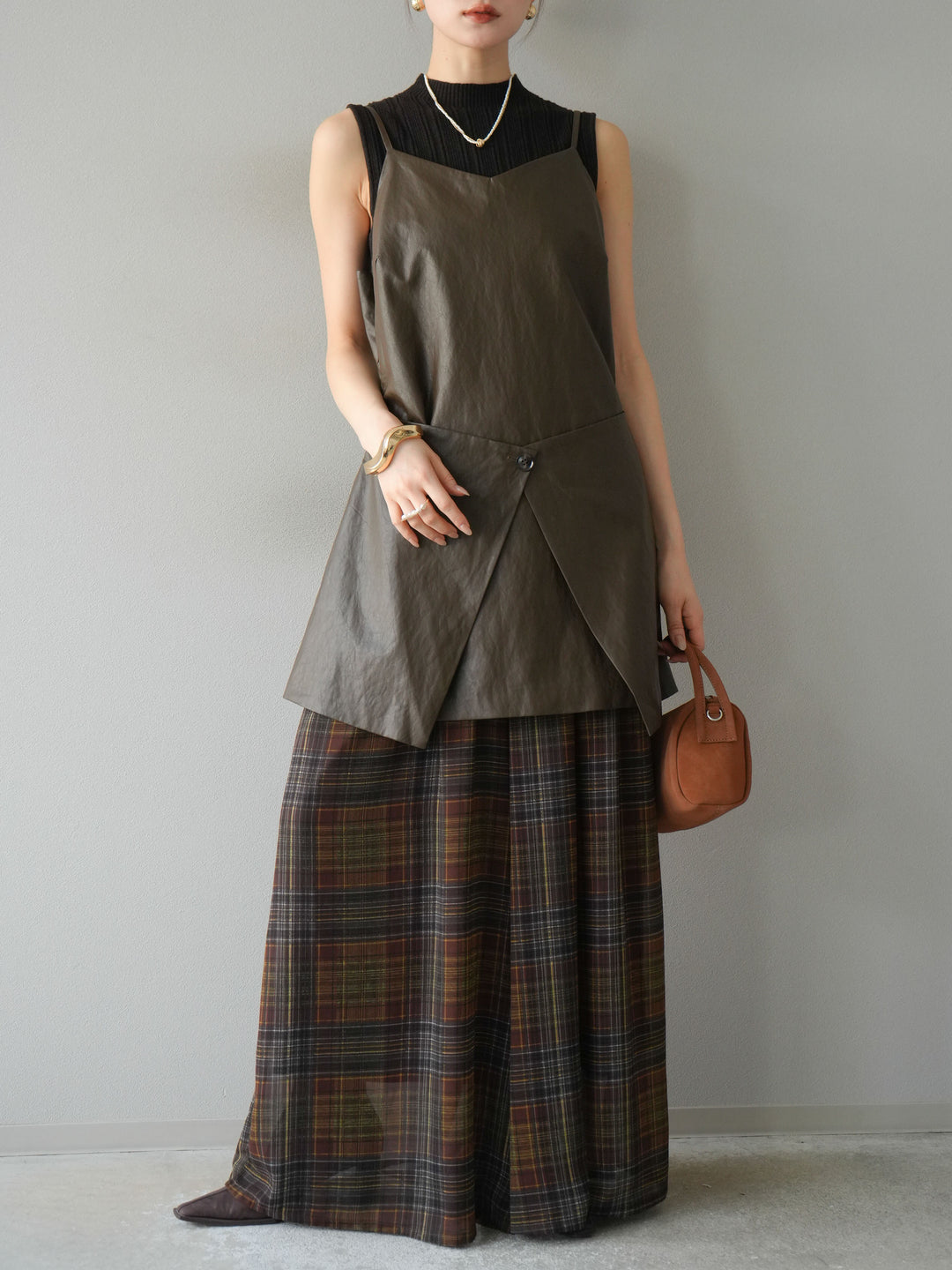 [予約]レイヤードレザーキャミソールチュニック/ブラウン