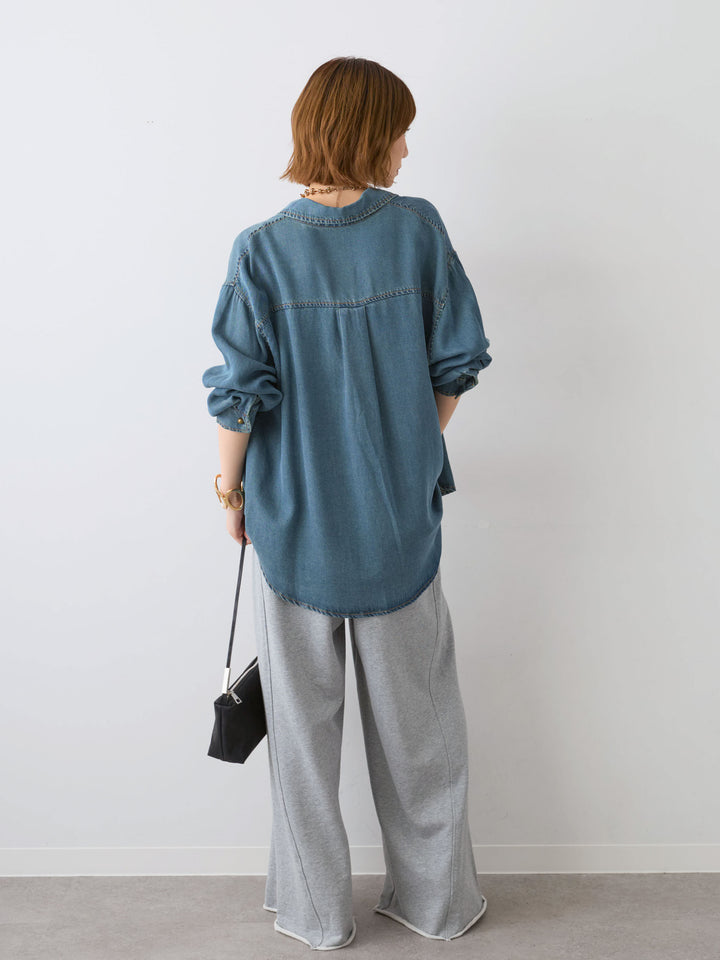 [SET]モチーフ刺繍デニムシャツ+カットオフスウェットワイドパンツ(2set)