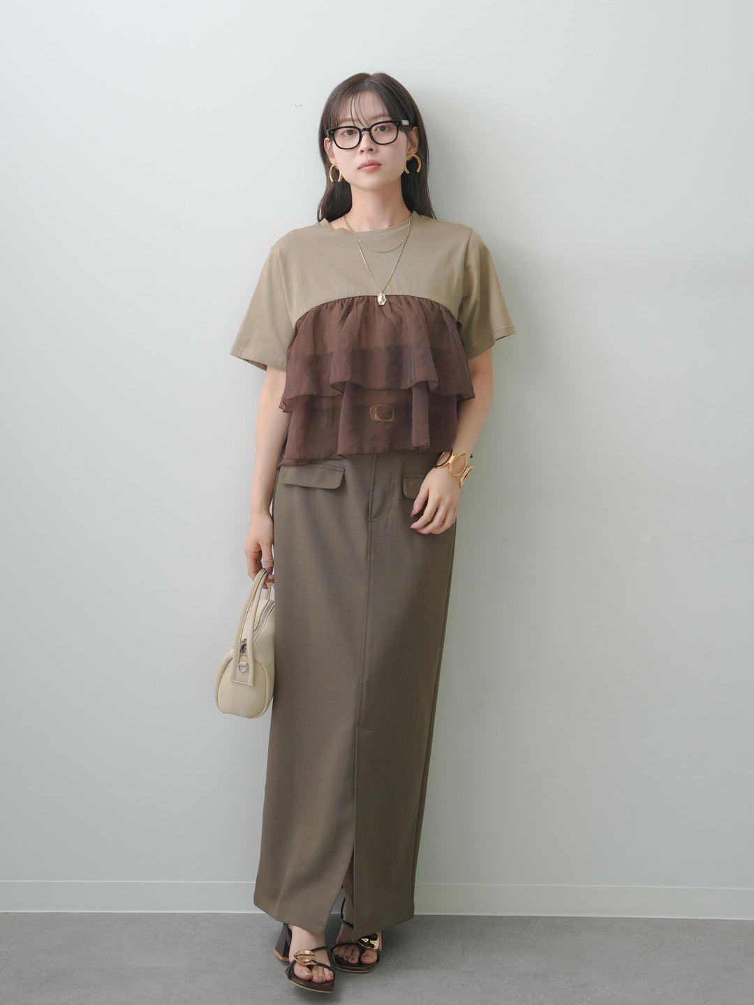 [SET]オーガンジーフリルドッキングTEE+クレープデシンフラップ付きストレートスカート(2set)