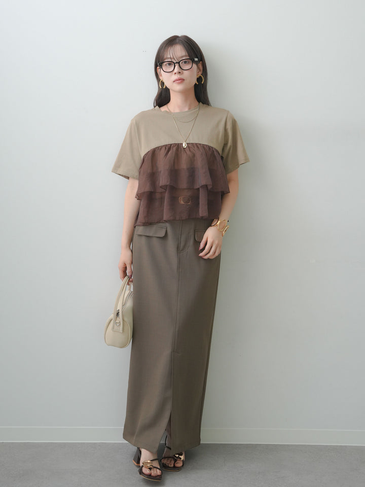 [SET]オーガンジーフリルドッキングTEE+クレープデシンフラップ付きストレートスカート(2set)