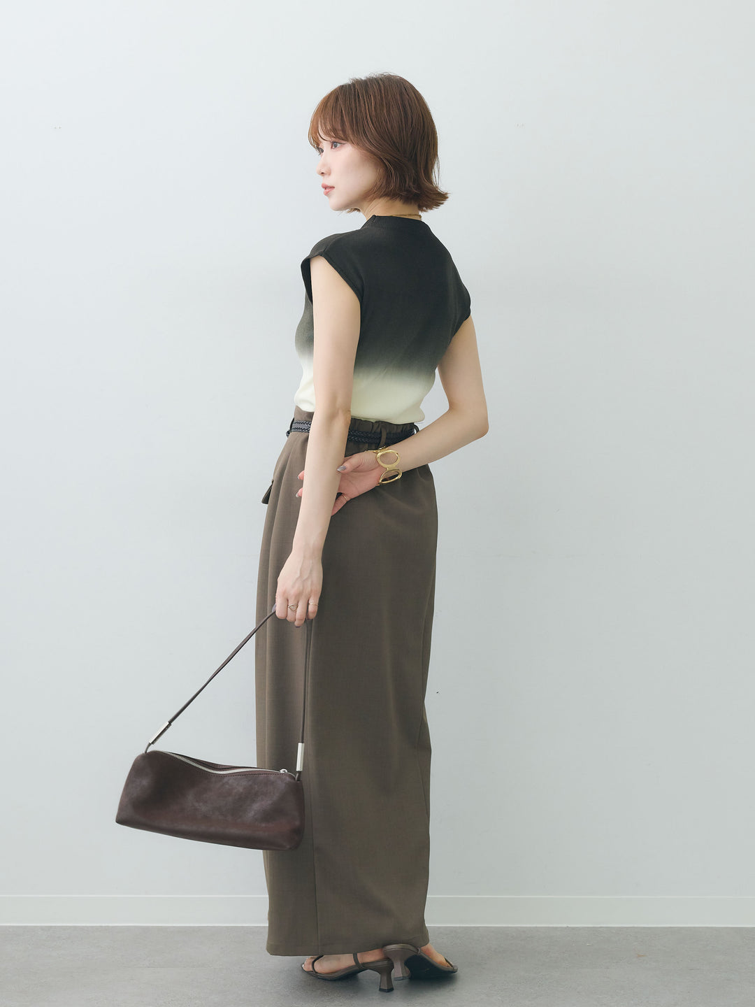 [SET]グラデーションフレンチリブニットトップス+クレープデシンフラップ付きストレートスカート(2set)