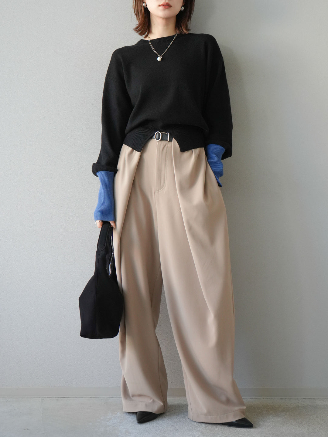 [予約]ベルト付タックワイドパンツ/ベージュ