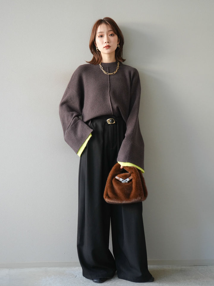 [予約]袖レイヤード配色ニットプルオーバー/brown