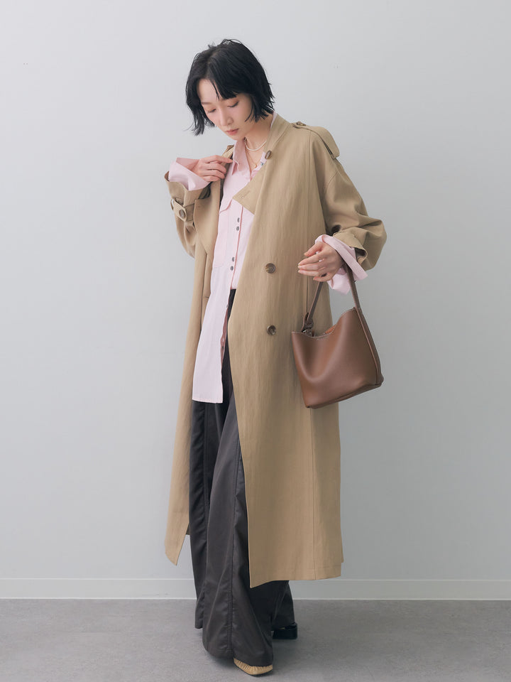 [SET]ミニラペルアシンメトリーロングトレンチ+フェイクレザーワイドパンツ(2set)