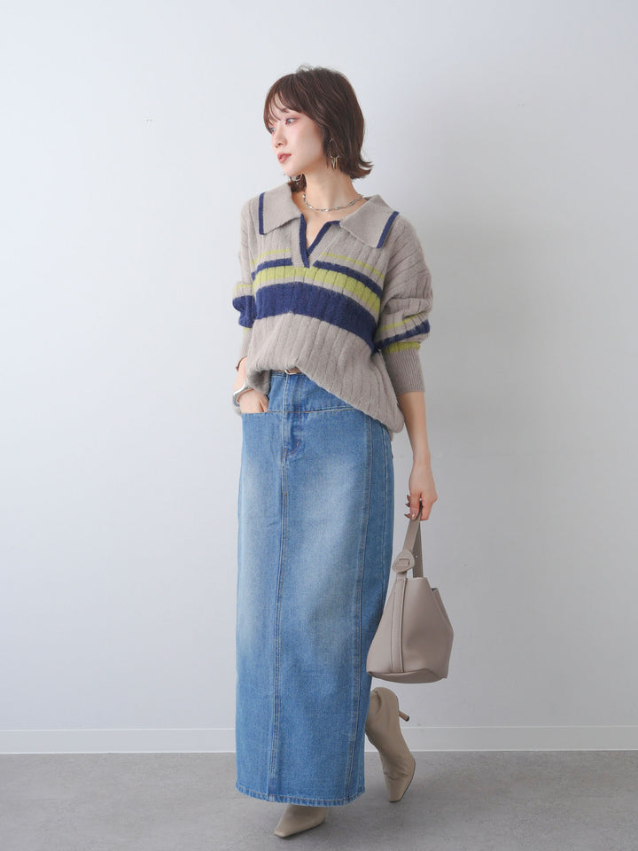 [予約]マルチボーダー起毛スキッパーニットトップス/greige