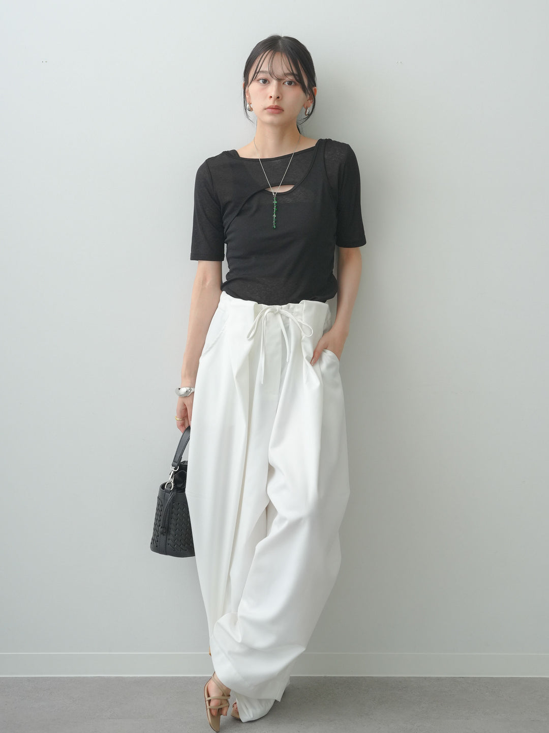 [SET]前後2wayシアーアシメレイヤード風TEE+ベルトループカーブタックワイドパンツ(2set)