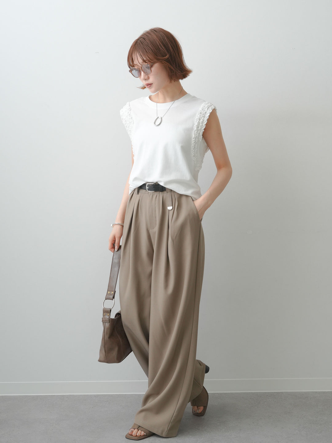 [SET]ホイップフリルフレンチTEE+ベルト付キーホルダーモチーフワイドパンツ(2set)