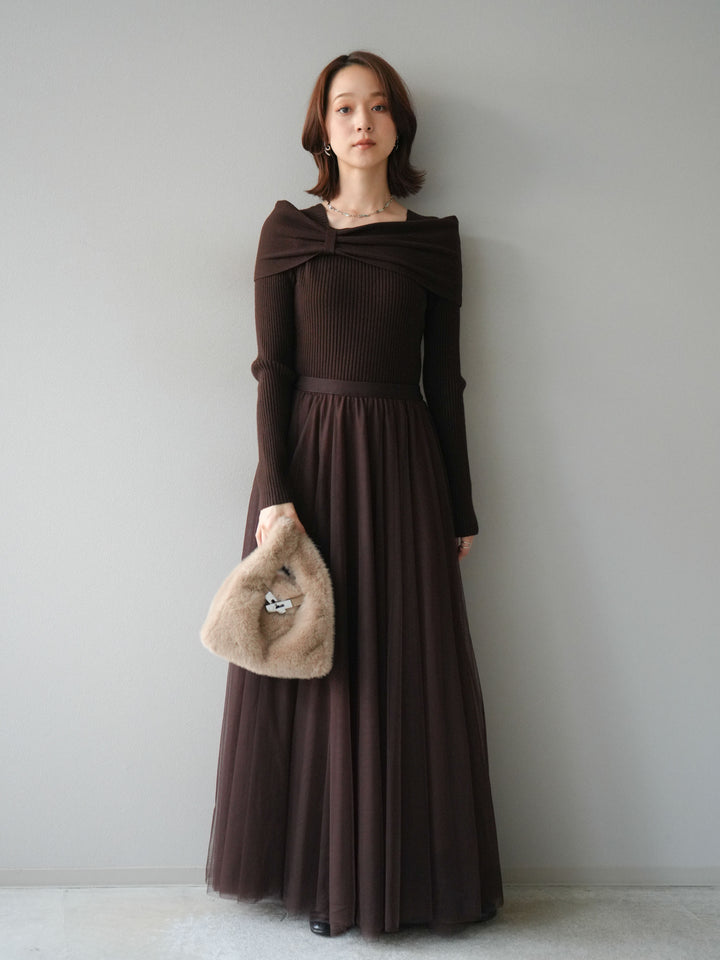 [予約]リボンモチーフオフショルリブニットトップス/brown