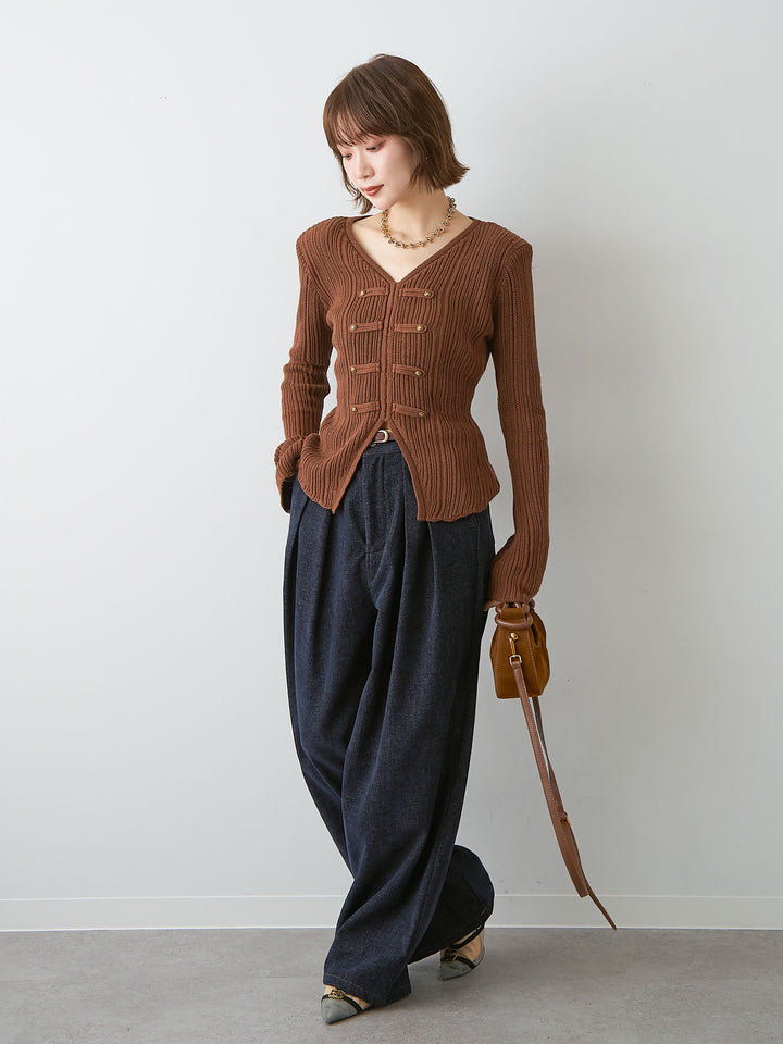 [SET]ナポレオンVネックリブニットトップス+選べるアクセセット(2set)