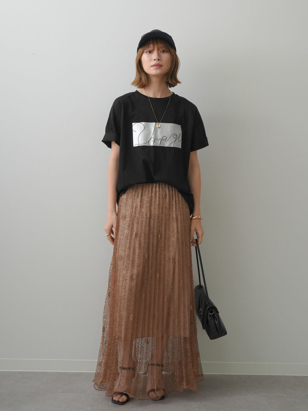 [SET]箔プリントボックスTEE+フローラルレースプリーツスカート(2set)