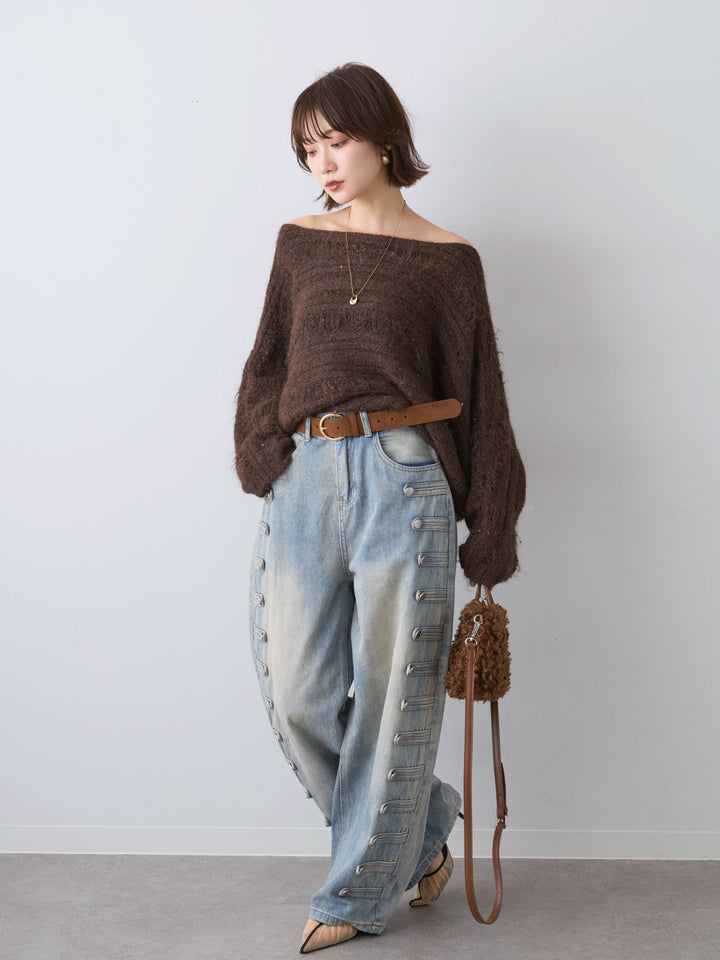 [予約]ミックス透かし編ワイドネックニットトップス/brown