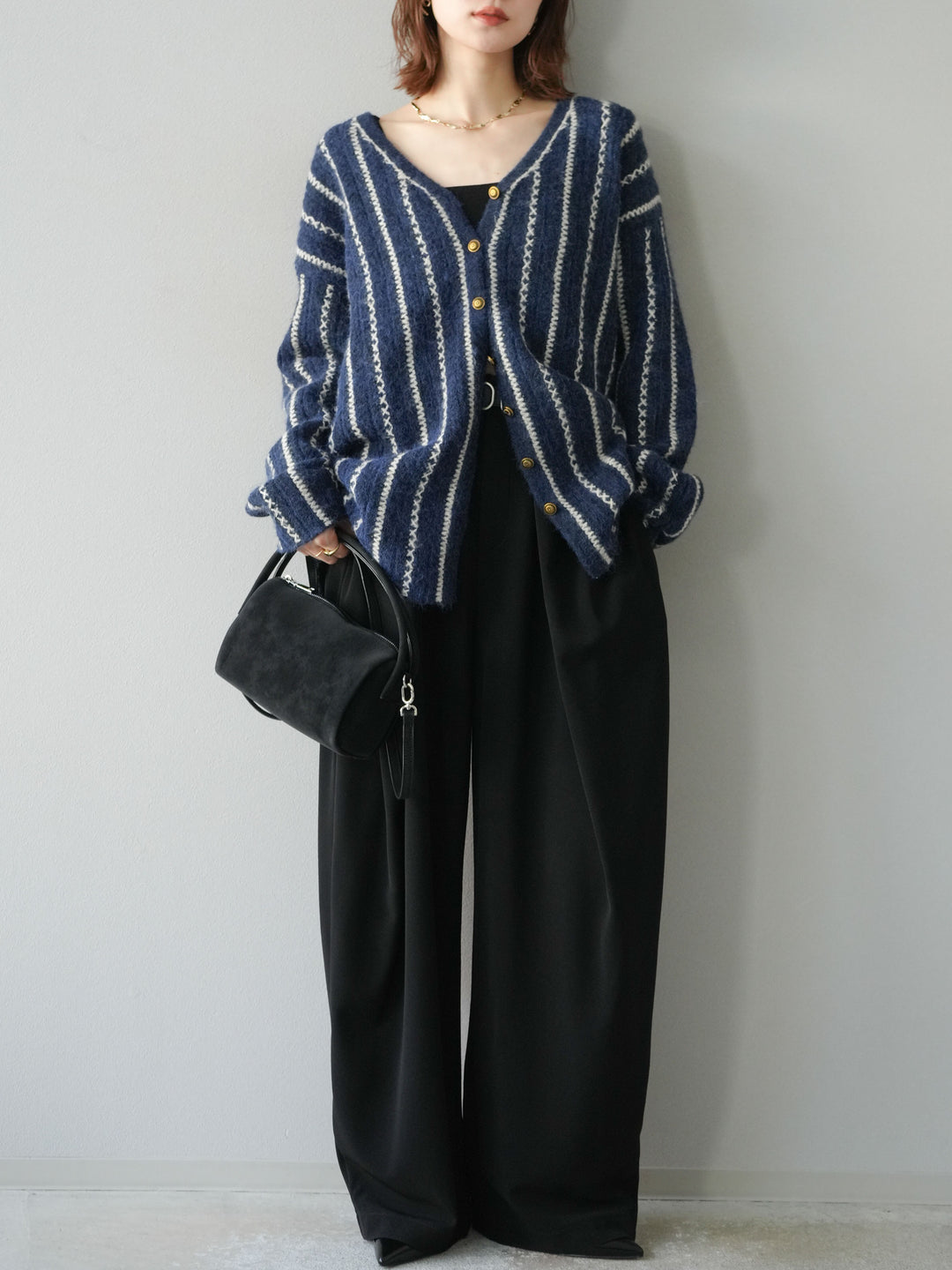 [予約]ベルト付タックワイドパンツ/ブラック