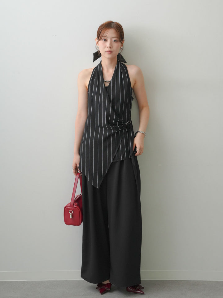 [SET]ストライプカシュクールジレ+クレープデシンタックワイドパンツ(2set)