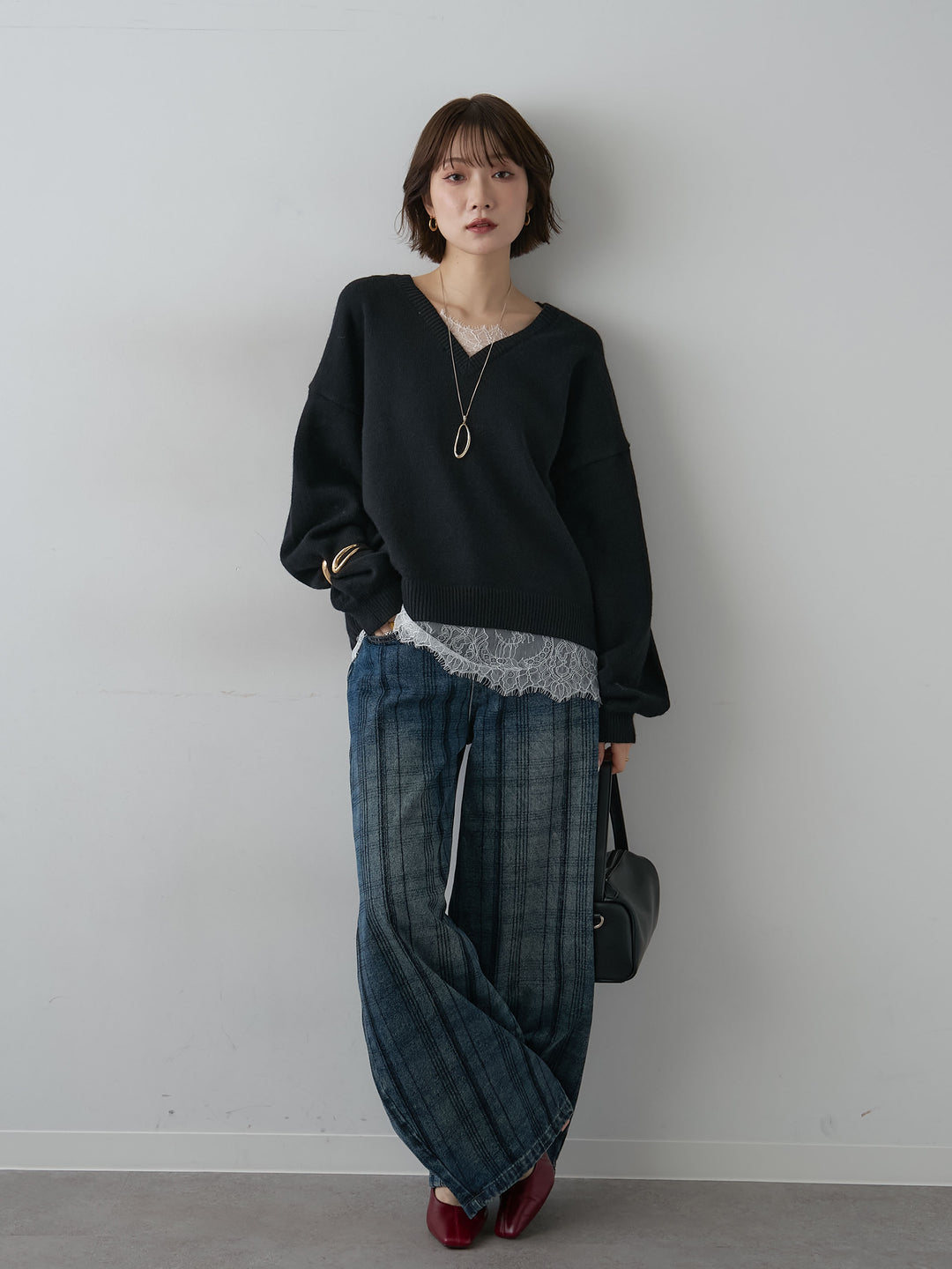 [SET]アルパカタッチレースドッキングVネックニットトップス+選べるアクセセット(2set)