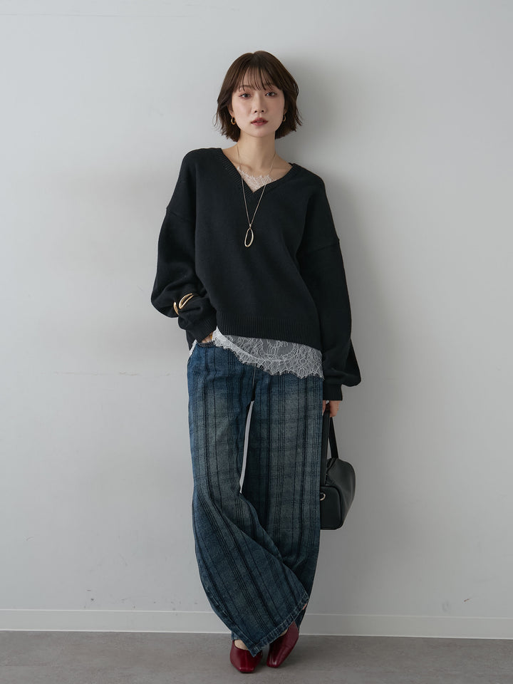 [SET]アルパカタッチレースドッキングVネックニットトップス+選べるアクセセット(2set)