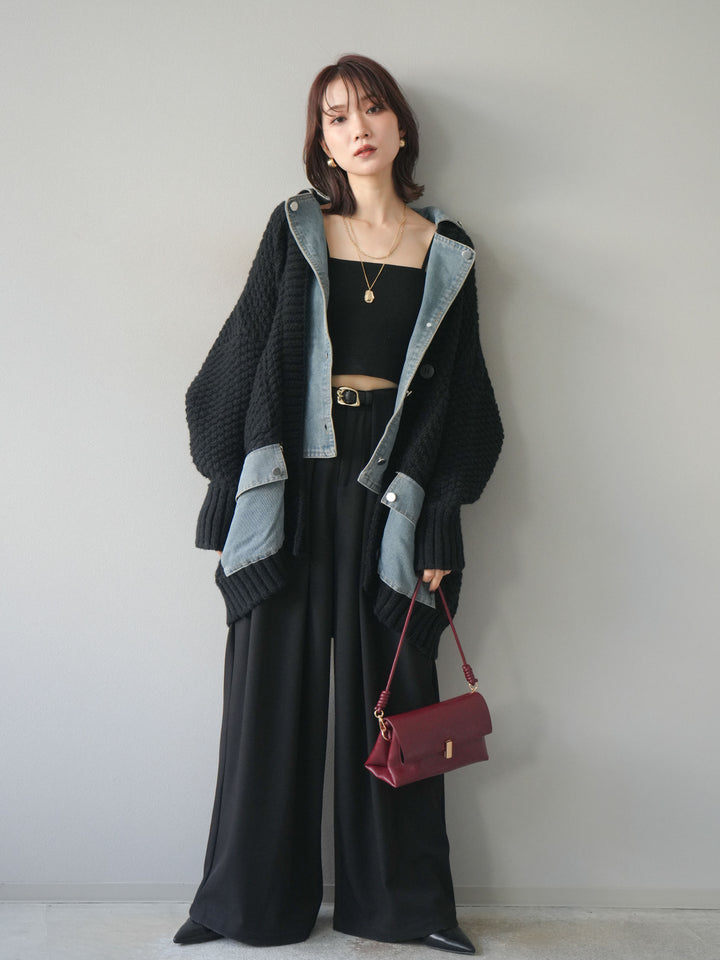 [予約]デニム襟レイヤードニットジャケット/black