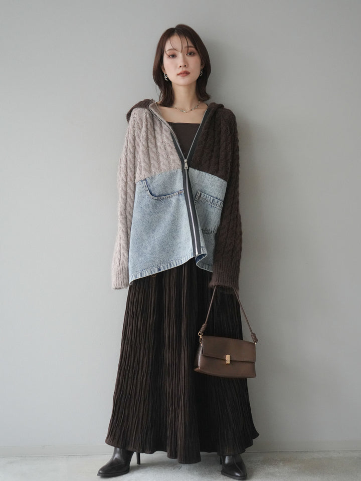 [予約]デニム×バイカラーニットZIPフーディ/brown