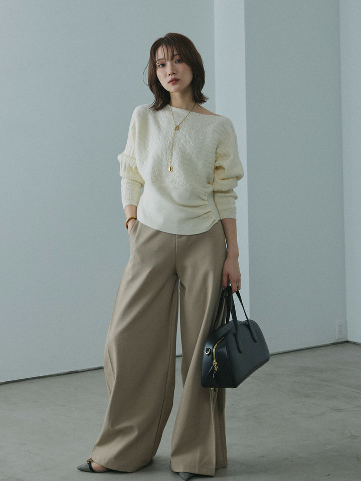 【Allure】[SET]ワンショルケーブル編みニット+サイドタックワイドパンツ(2set)