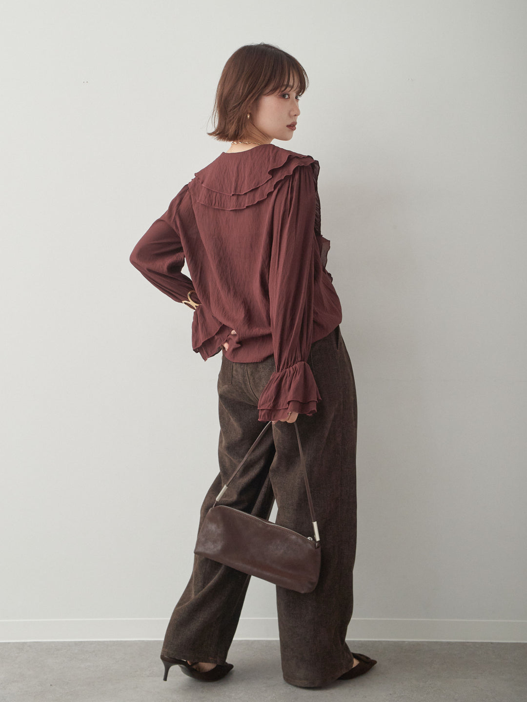 [予約]ラッフルカラーブラウス/bordeaux