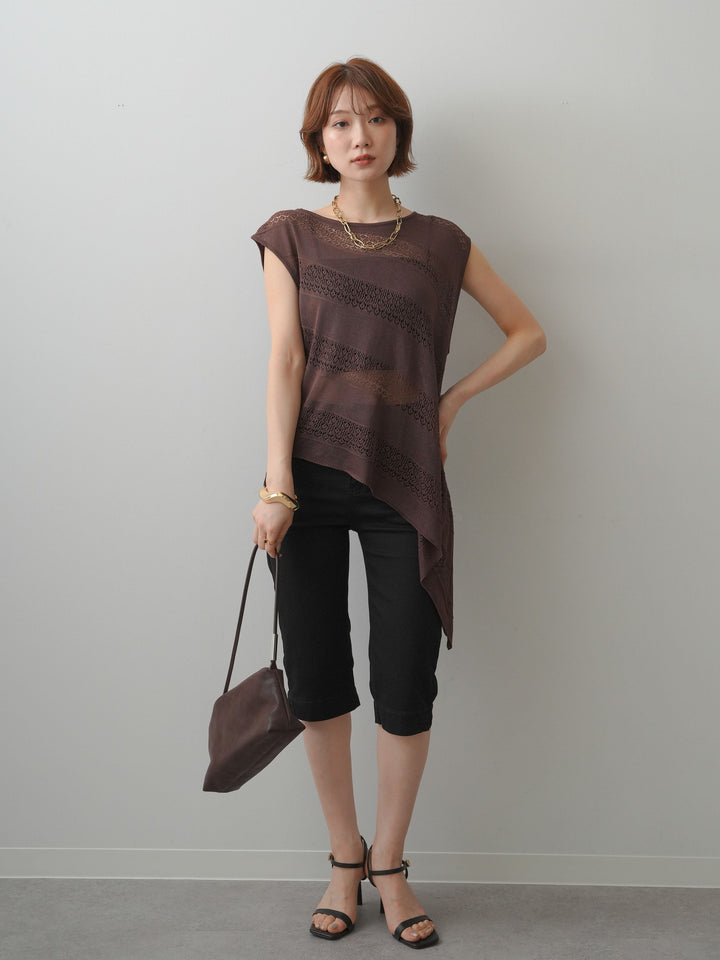 [予約]透かし編みアシメノースリトップス/brown