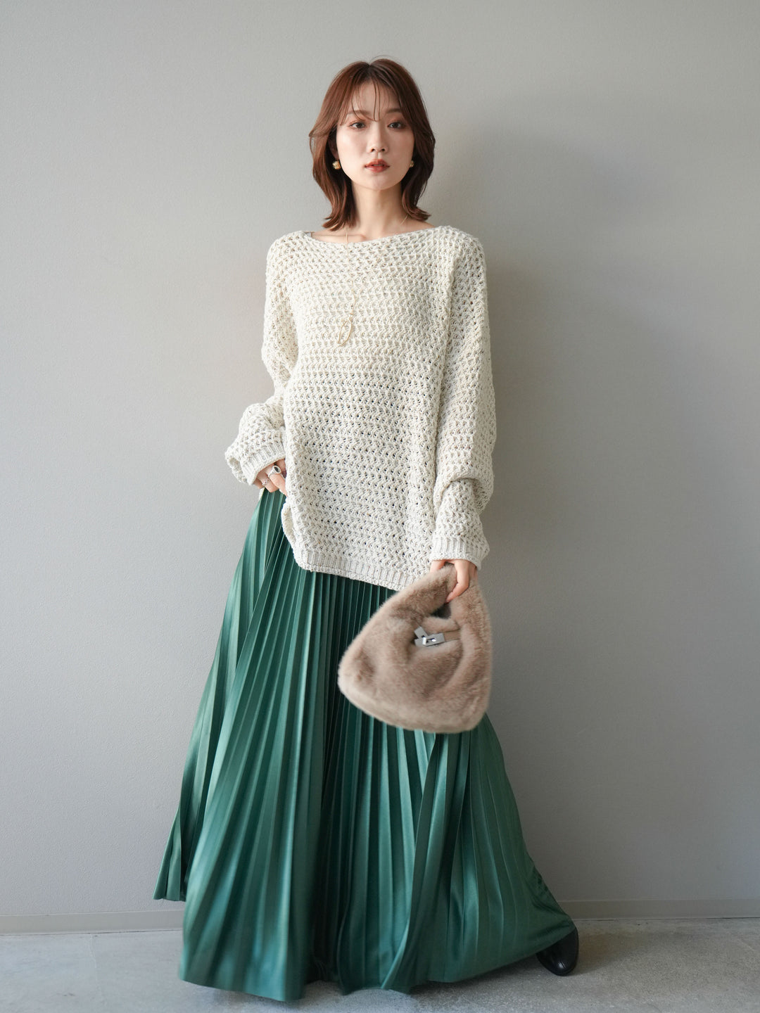 [予約]ネップ透かし編みオーバーニット/ivory