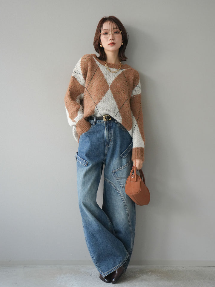 [予約]アーガイルオーバーニットプルオーバー/camel