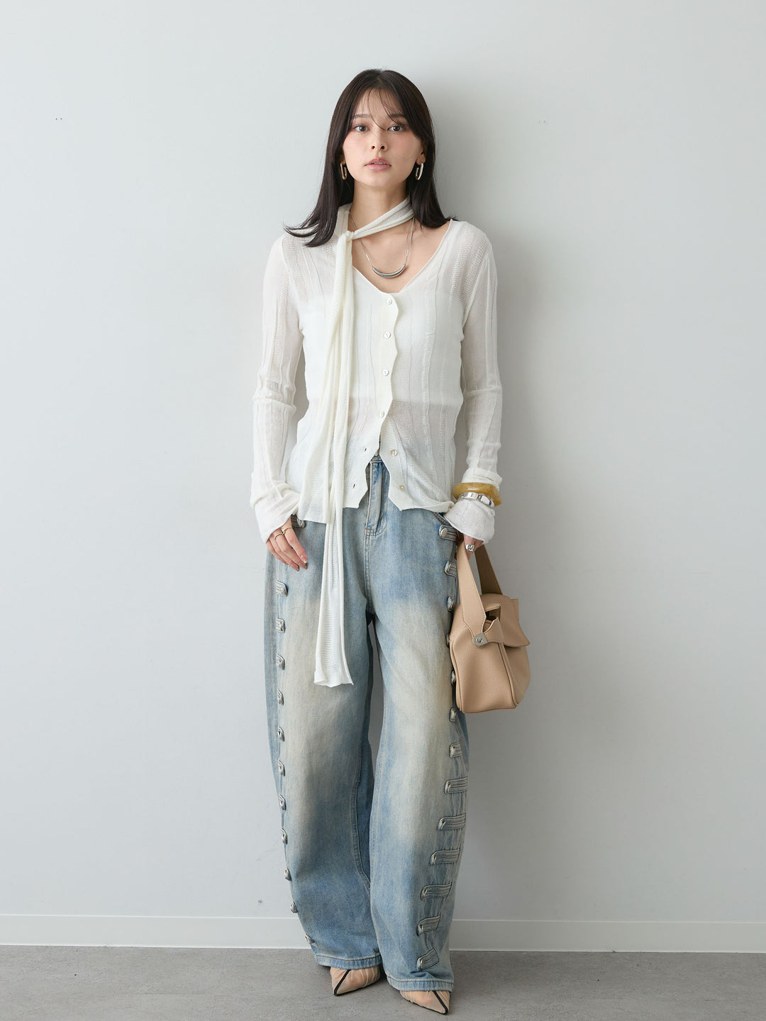 [SET]フロントボタンサイドタイカーディガン+選べるアクセセット(2set)