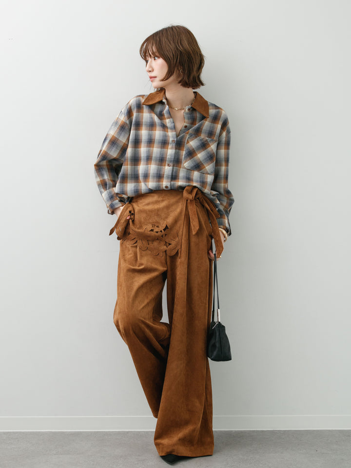 [SET]チェックオーバーシャツ+スウェードタッチカットワークワイドパンツ(2set)