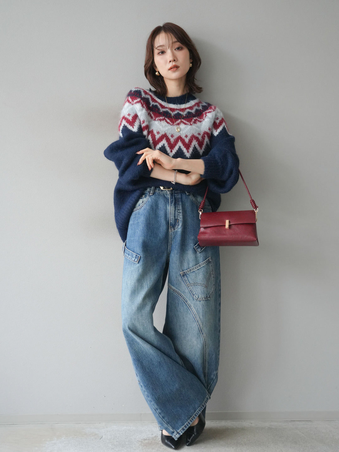 [SET]求心柄オーバーニットプルオーバー+ペインターカーブデニムパンツ(2set)